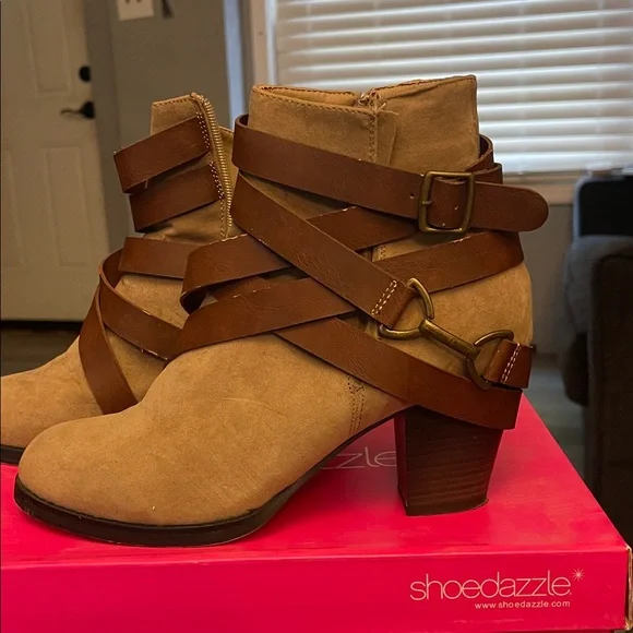 Shoe Dazzle Sand Suede Boots with Brown Straps - Picture 3 of 5